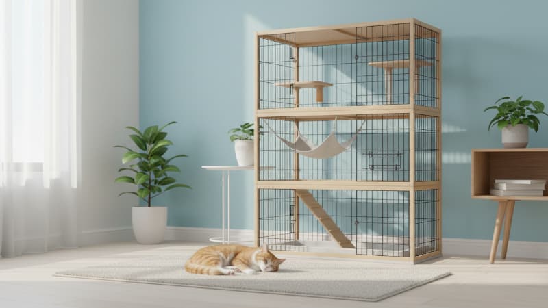 部屋の隅にキャットケージ、部屋の中央には猫