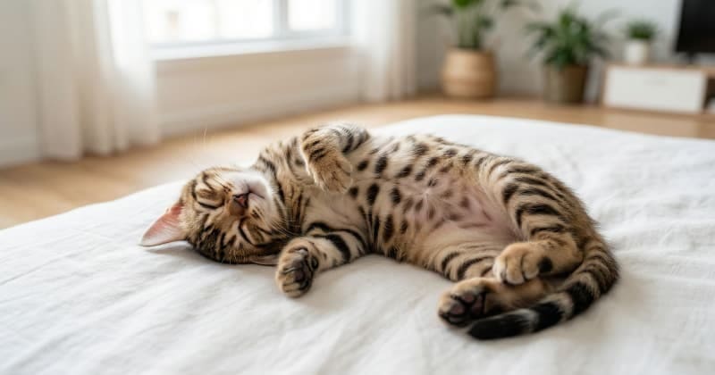 ベッドで眠っている子猫