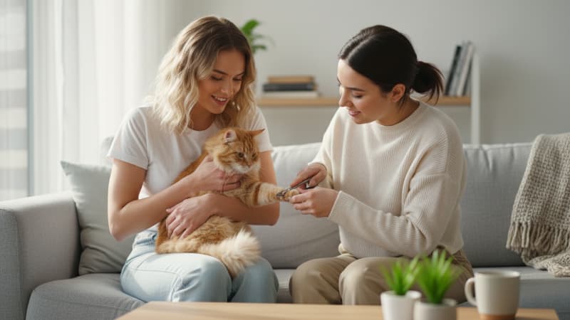 二人の協力で猫の爪を切っている