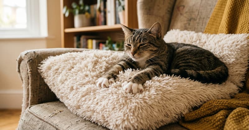 ふわふわのクッションに座る猫