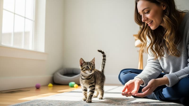 子猫を見守る飼い主