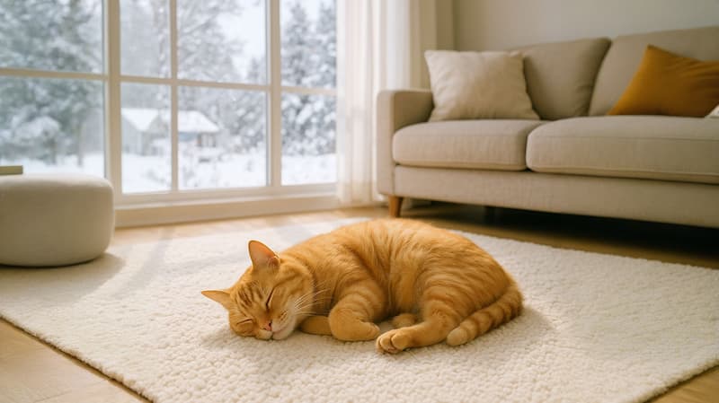 外は雪、暖房のきいた室内で眠る猫