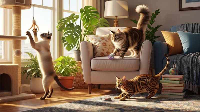 おもちゃで遊ぶ3匹の猫