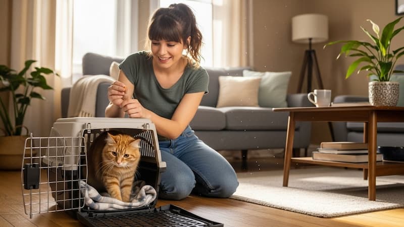 キャリーから出てこない猫にやさしく声をかけている飼い主