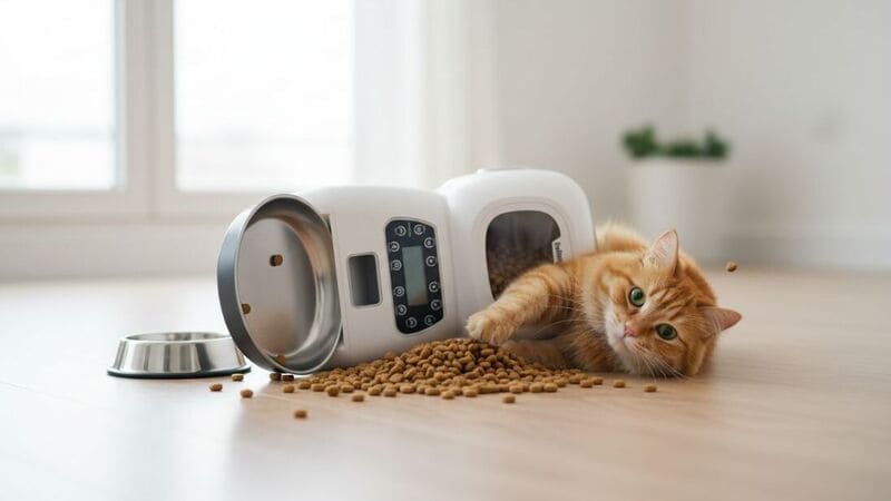 倒れた自動給餌器と猫