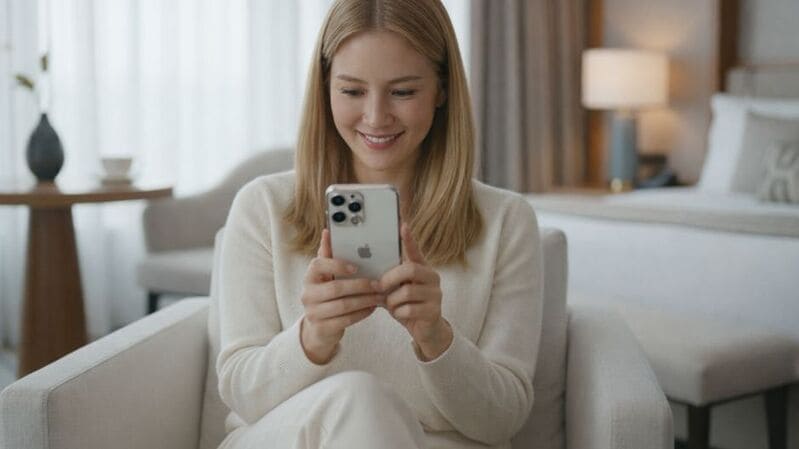 見守りカメラからの映像を見ている飼い主