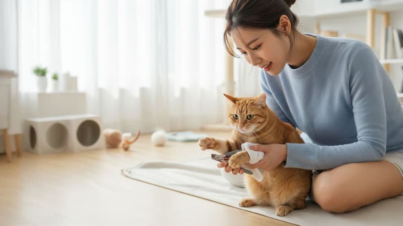 爪切りをしてもらっている猫と飼い主