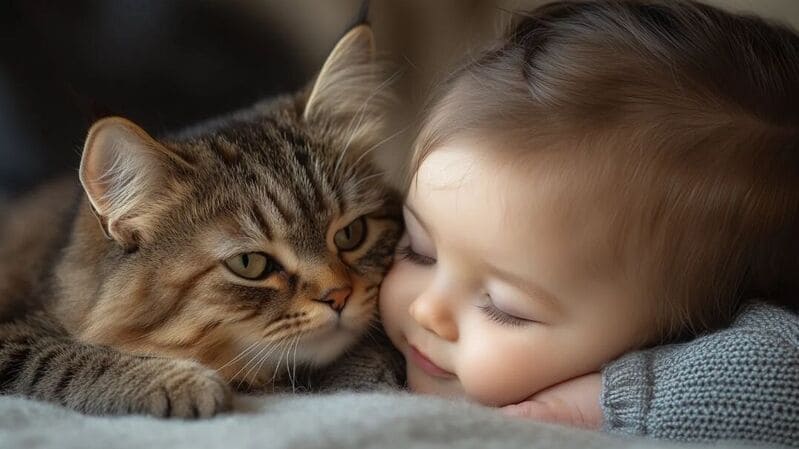 寄り添う子供と猫