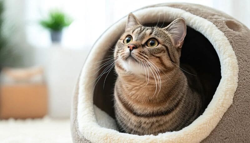 ベッドの中から顔をのぞかせている猫