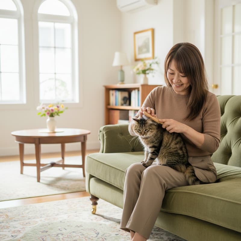 猫をブラッシングしている女性