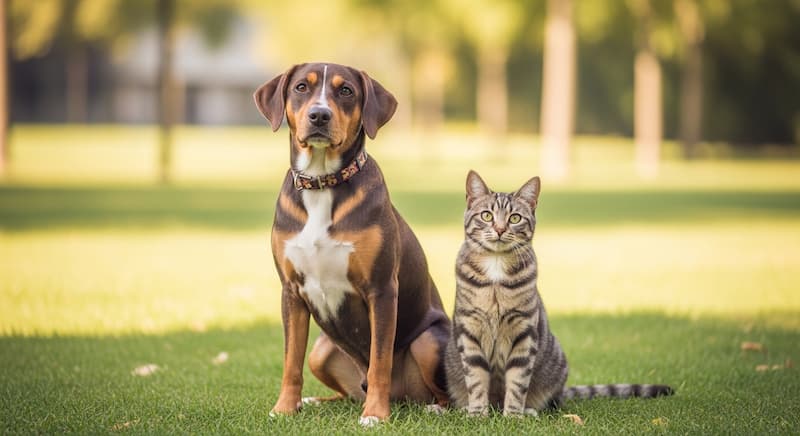 並んで座っている猫と犬