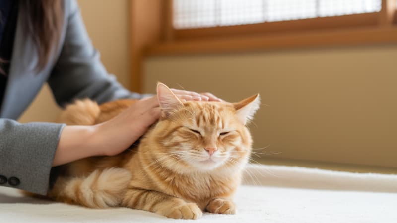 女性が猫を撫でている様子