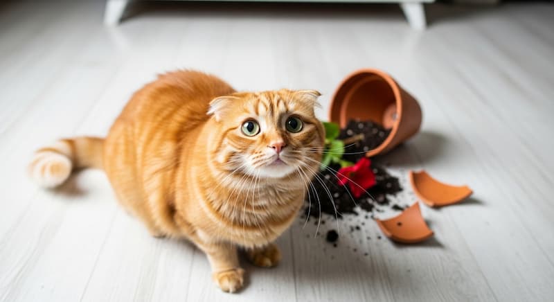 植木鉢を倒した猫