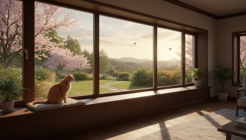 大きな窓から鳥などを眺めている猫