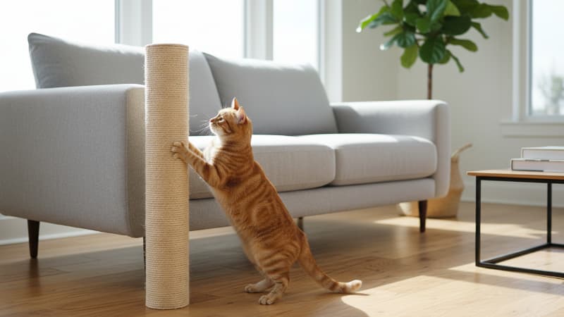 ソファのそばの爪とぎを使う猫