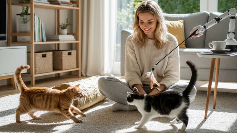 若い女性と二匹の猫がリビングにいる