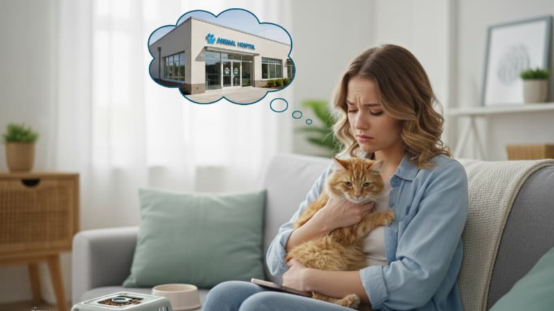 猫を病院へ連れていくべきか悩んでいる白人女性飼い主