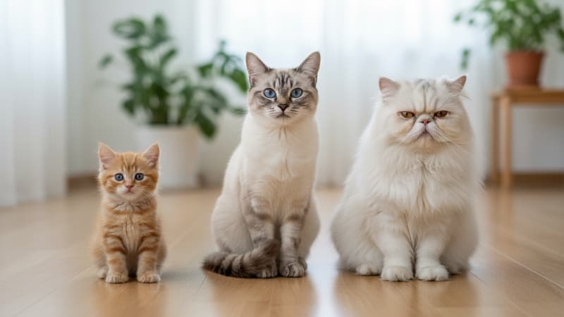 子猫、成猫、シニア猫が並んで座っている