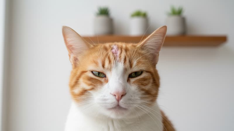 猫の頭の上部が過度なグルーミングで少し剥ハゲている様子