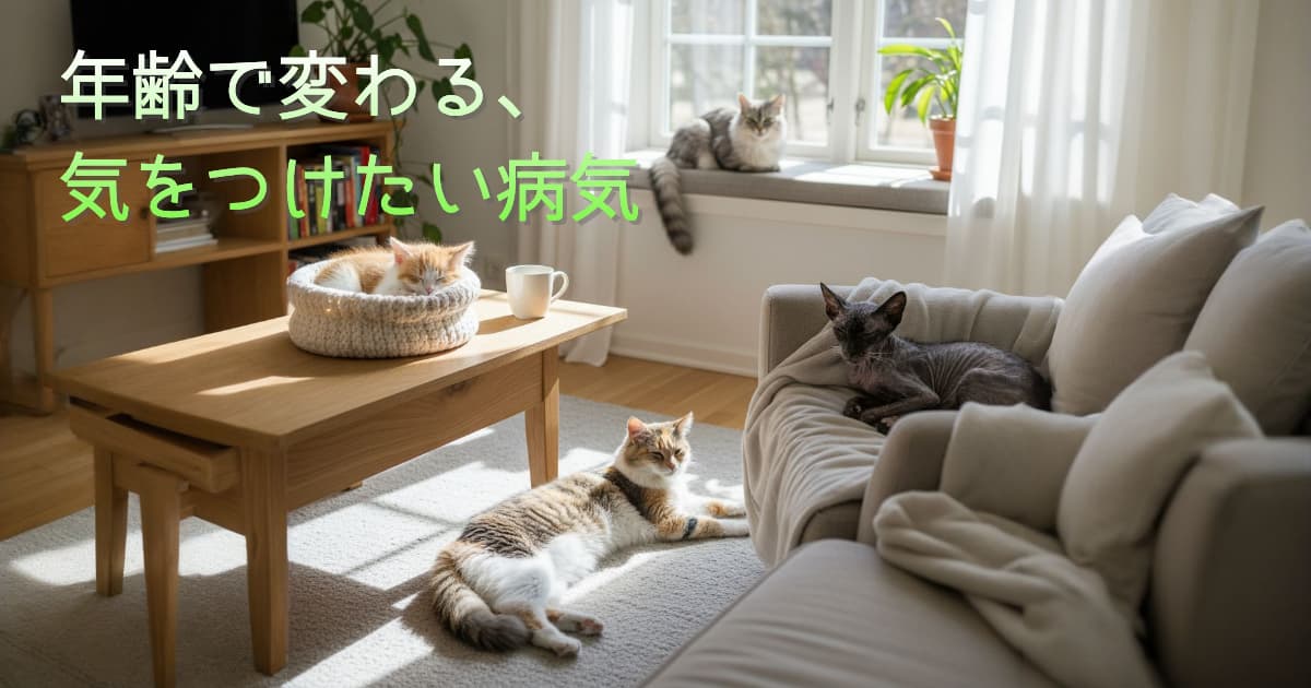 リビングで4匹の子猫~老猫がそれぞれくつろいでいる