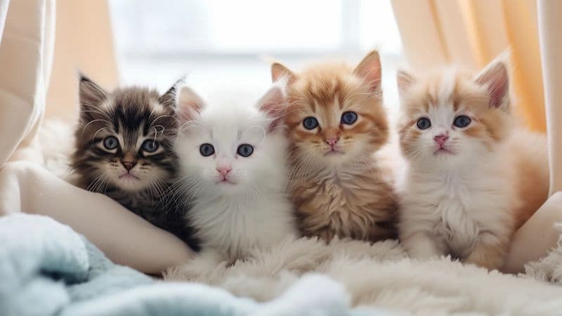 毛布の上に並んで座る4匹の子猫