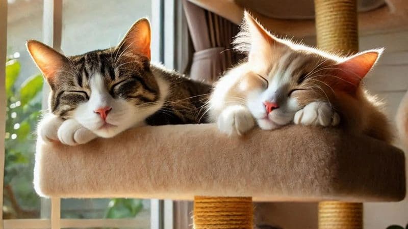 キャットタワーで眠る二匹の成猫