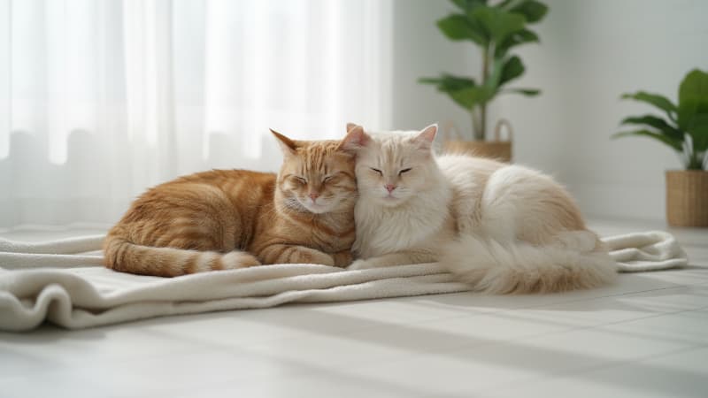 寄り添って眠る2匹のシニア猫