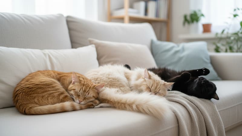 ソファで眠る3匹の老猫