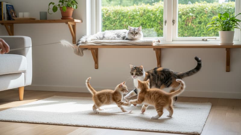 子猫と成猫が元気に遊び、シニア猫は出窓の棚に横たわっている様子