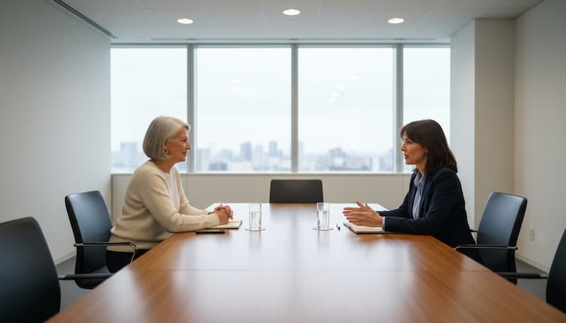 60代と40代女性が面談室で会話をしている