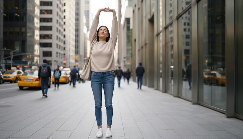 ビルから出てきた女性が、中での用事を終わって伸びをしてリラックスする様子。
