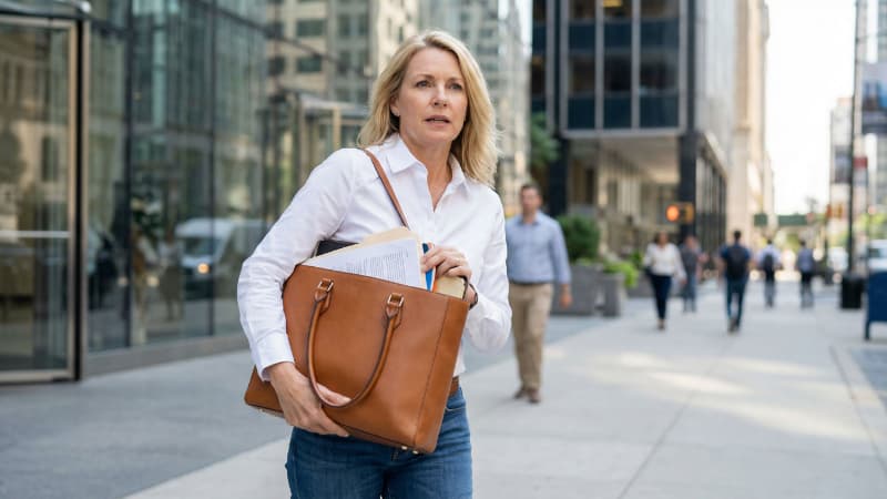 40代白人女性が書類の入る大きめのバッグを持って慌ててビル街を歩いている