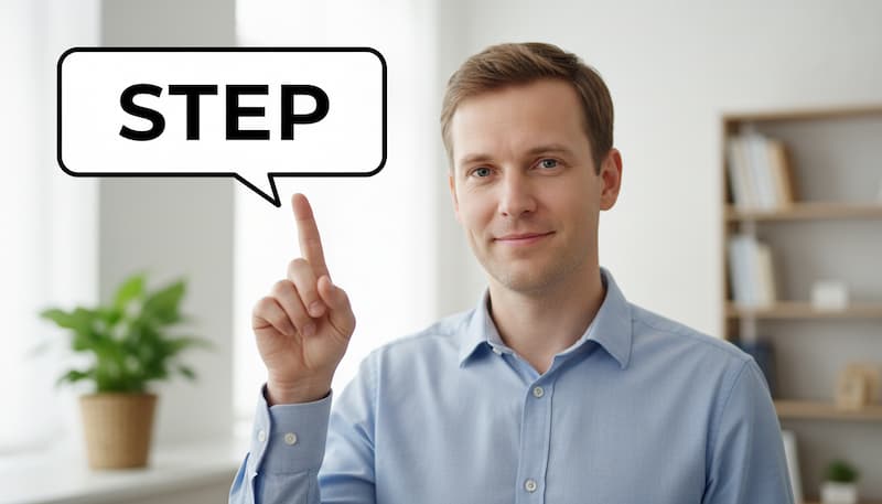 白人男性がＳＴＥＰで説明します、と示している様子