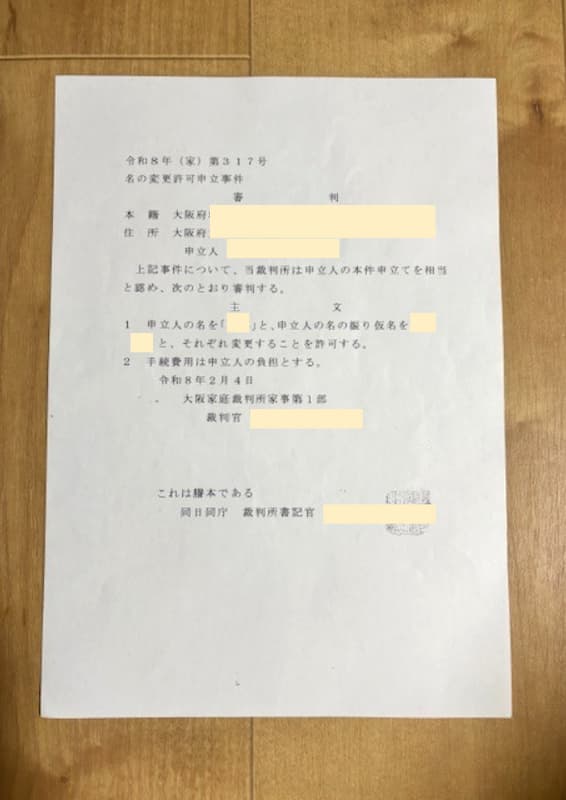 名の申立手審判書