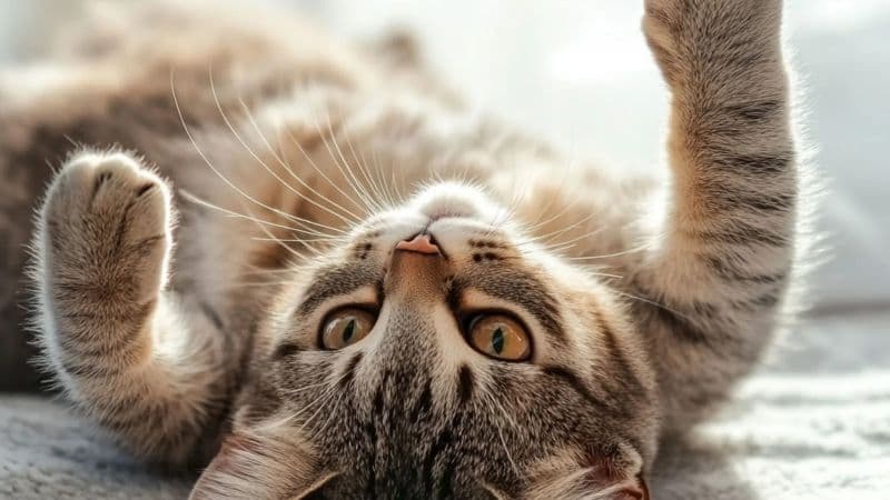 仰向けに寝転がっている猫