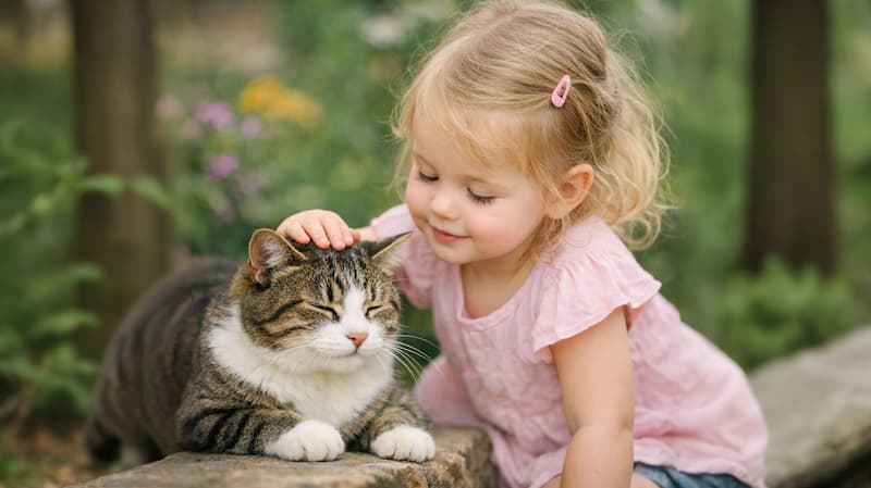 小さな女の子が猫をやさしくなでている