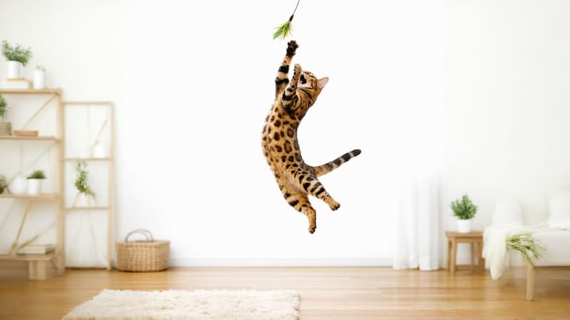大ジャンプしているベンガル猫