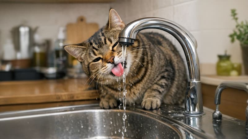 蛇口から水を飲む猫