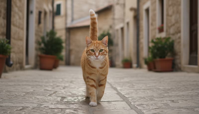 尻尾をぴんと立てて歩いている猫