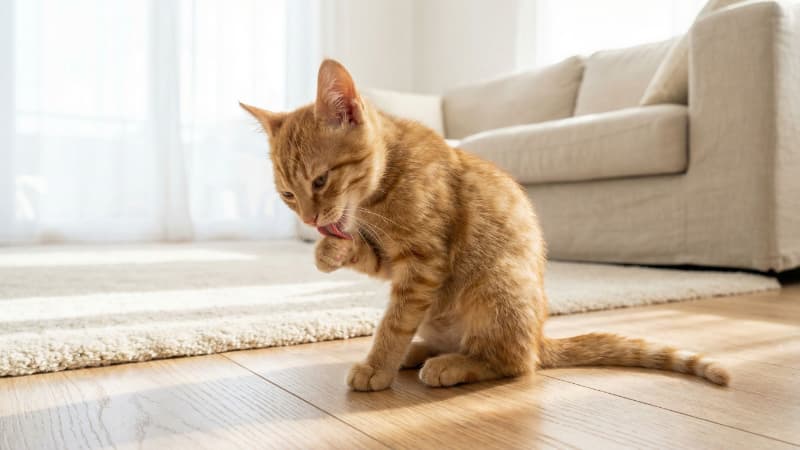 毛づくろいをしている子猫