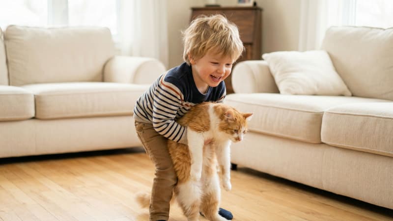 猫を抱き上げている白人の男の子