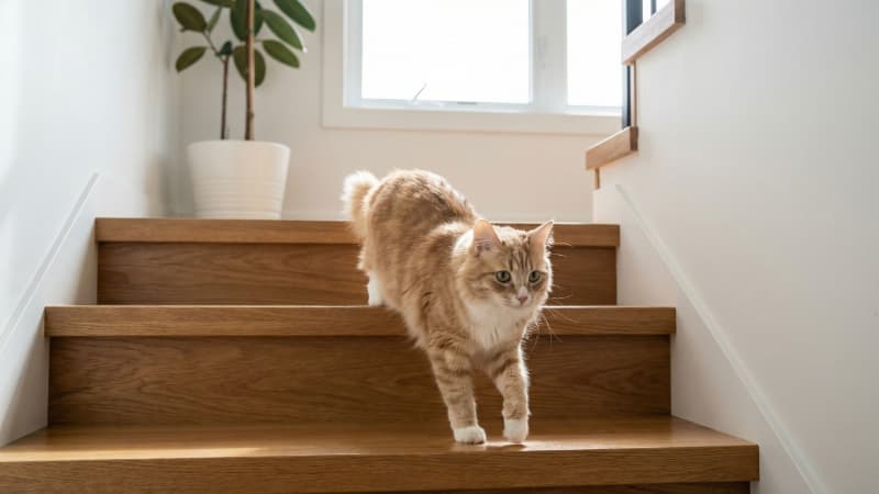 階段を下りる猫