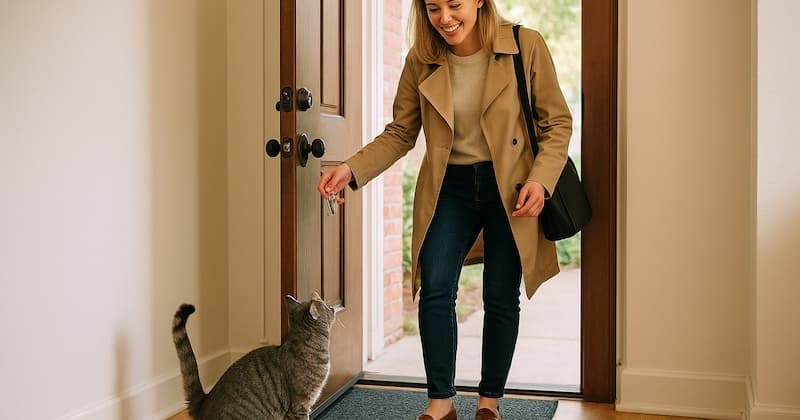帰宅した白人女性飼い主を玄関でお出迎えする猫