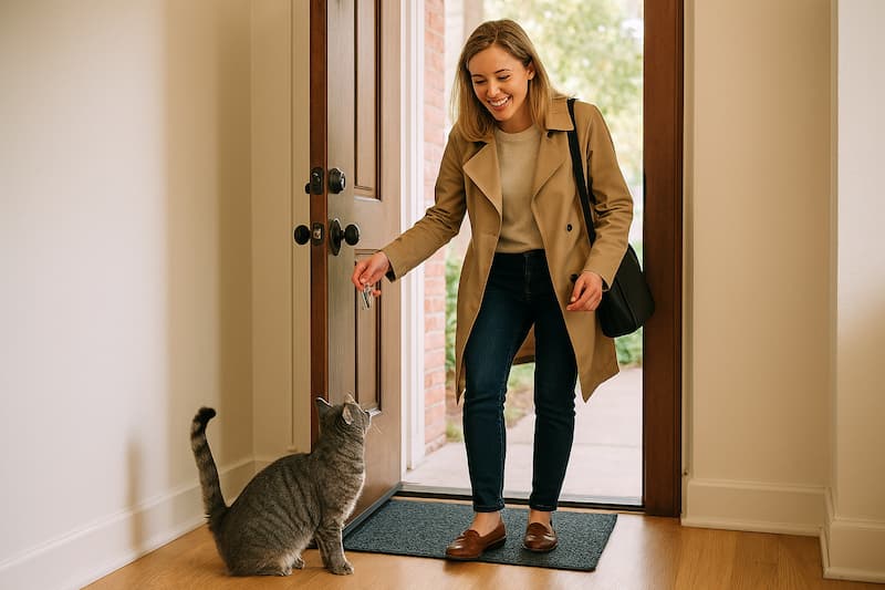 帰宅した白人女性飼い主を玄関でお出迎えする猫