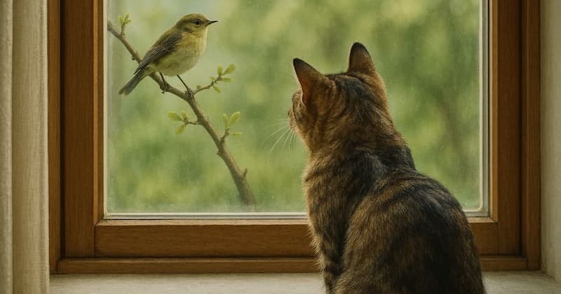 窓の外の鳥を見ている猫