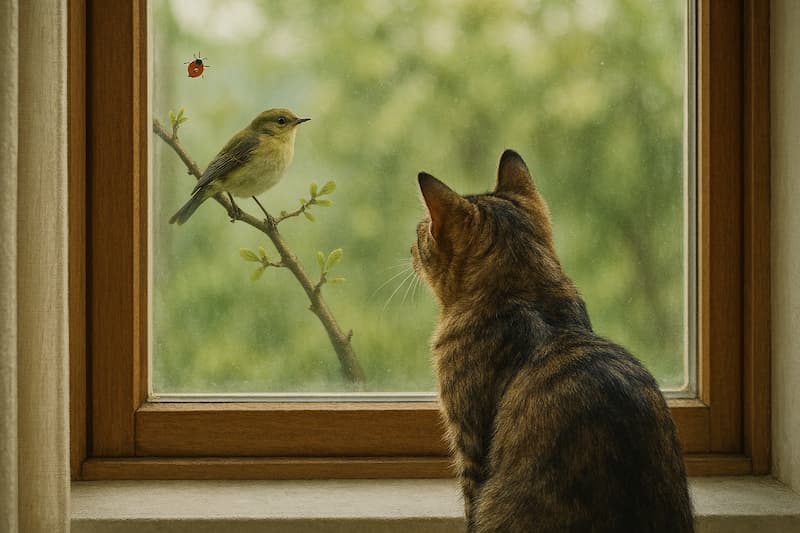 窓の外の鳥や虫を見ている猫