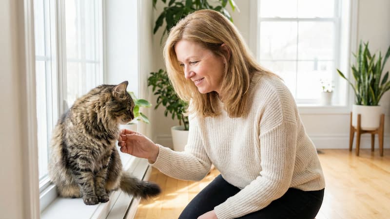 やさしく猫に話しかけている40代の白人女性