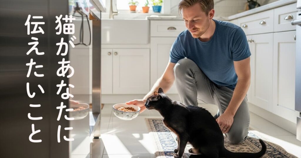 白人男性が猫にフードを与えるところ