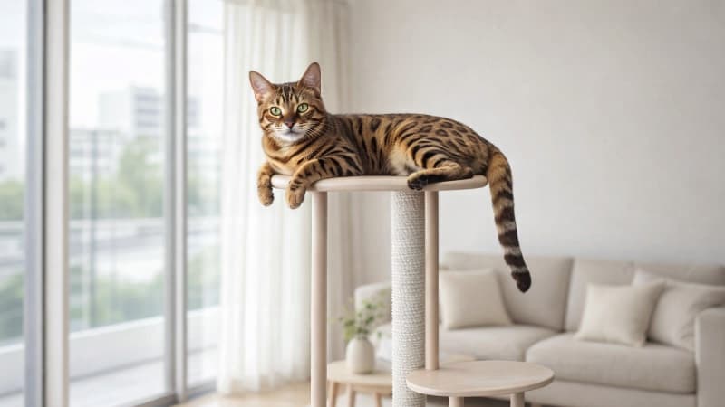 キャットタワーの最上部でくつろぐ猫