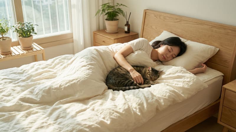 飼い主とベッドで眠る猫